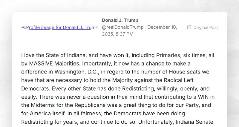 Donald J. Trump: "I love the State of Indiana, and have won it, including Primaries, six times...