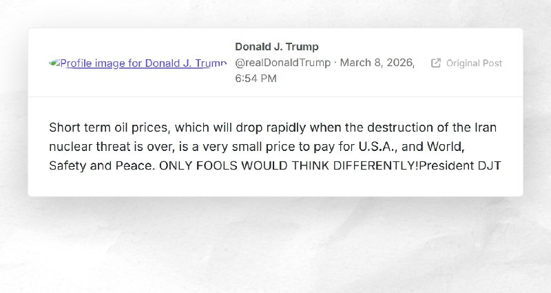 Donald J. Trump: "Short term oil prices, which will drop rapidly when the destruction of the I...