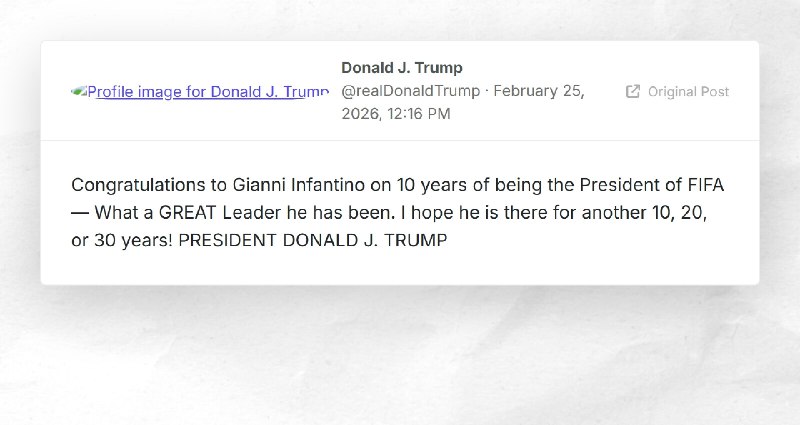 Donald J. Trump: "Congratulations to Gianni Infantino on 10 years of being the President of FI...