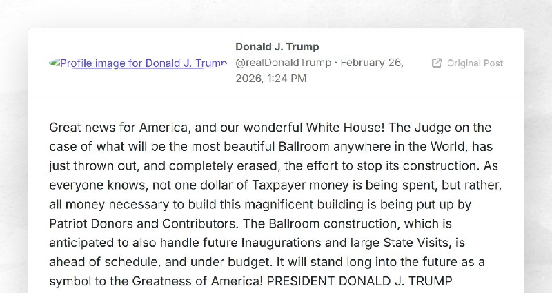 Donald J. Trump: "Great news for America, and our wonderful White House! The Judge on the case...