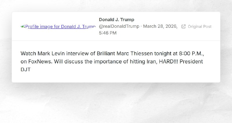 Donald J. Trump: "Watch Mark Levin interview of Brilliant Marc Thiessen tonight at 8:00 P.M., ...
