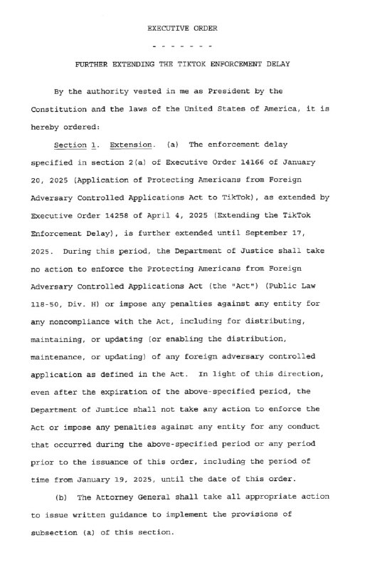 I’ve just signed the Executive Order extending the Deadline for the TikTok closing for 90 days (September 17, 2025). Thank you for your attention to this matter!
