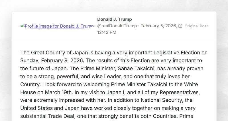 Donald J. Trump: "The Great Country of Japan is having a very important Legislative Election o...