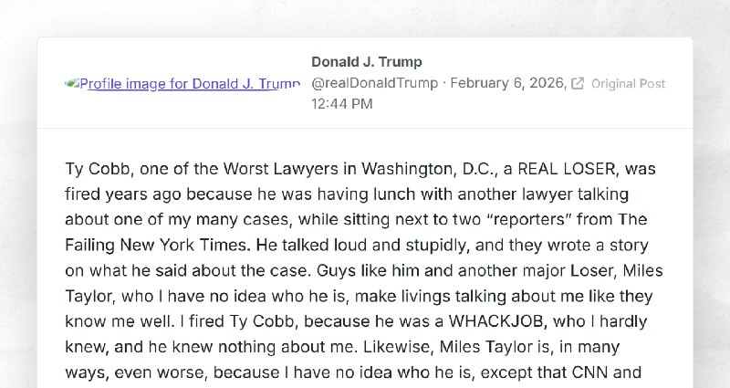 Donald J. Trump: "Ty Cobb, one of the Worst Lawyers in Washington, D.C., a REAL LOSER, was fir...