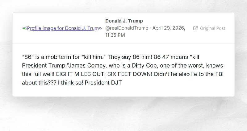 Donald J. Trump: "“86” is a mob term for “kill him.” They say 86 him! 86 47 means “kill Presid...