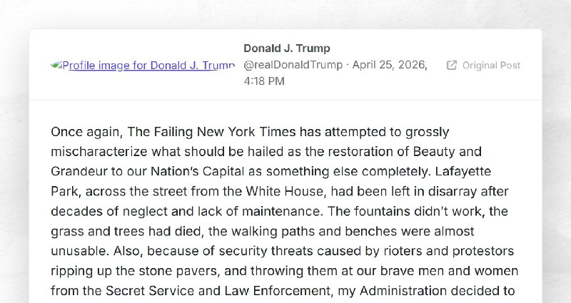 Donald J. Trump: "Once again, The Failing New York Times has attempted to grossly mischaracter...