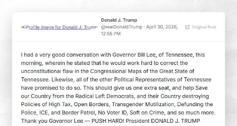 Donald J. Trump: "I had a very good conversation with Governor Bill Lee, of Tennessee, this mo...