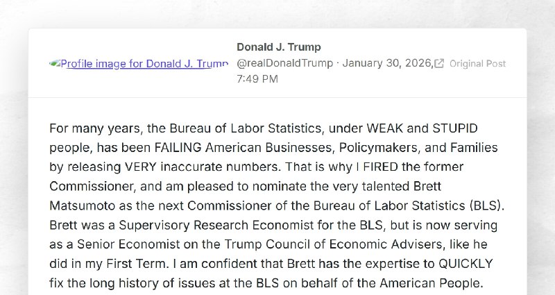 Donald J. Trump: "For many years, the Bureau of Labor Statistics, under WEAK and STUPID people...