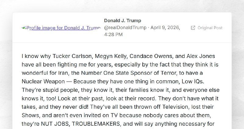 Donald J. Trump: "I know why Tucker Carlson, Megyn Kelly, Candace Owens, and Alex Jones have a...