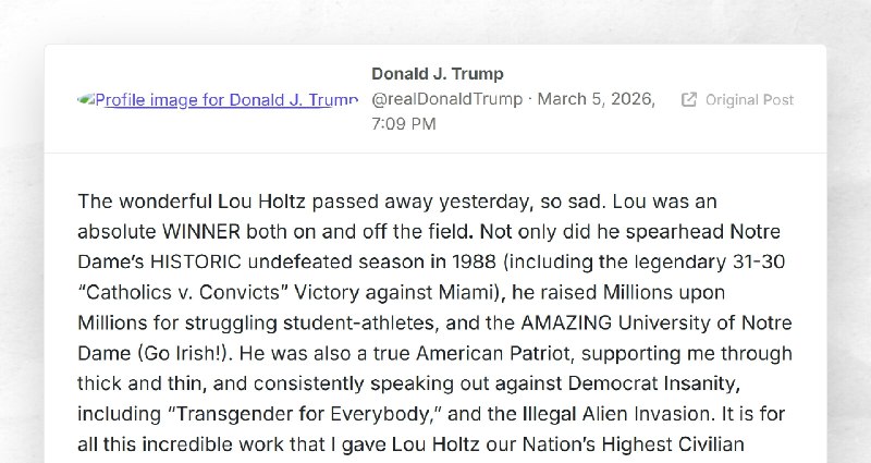 Donald J. Trump: "The wonderful Lou Holtz passed away yesterday, so sad. Lou was an absolute W...