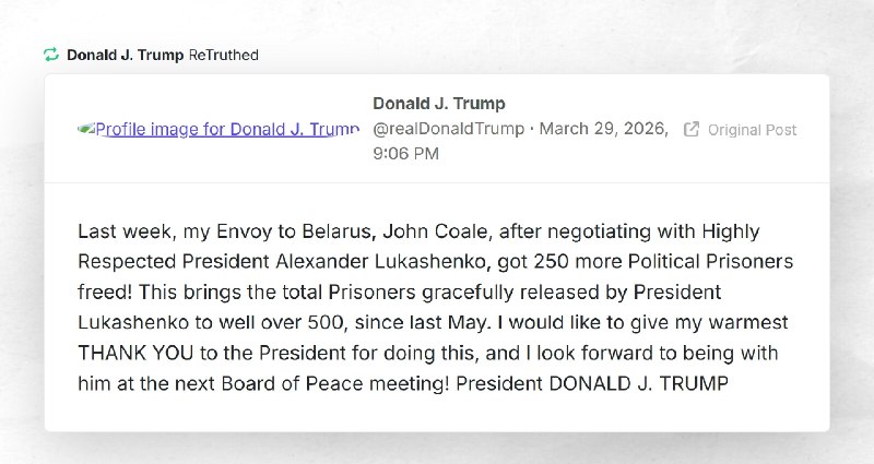 Donald J. Trump: "RT @realDonaldTrumpLast week, my Envoy to Belarus, John Coale, after negotia...