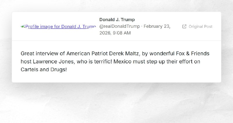Donald J. Trump: "Great interview of American Patriot Derek Maltz, by wonderful Fox & Frie...