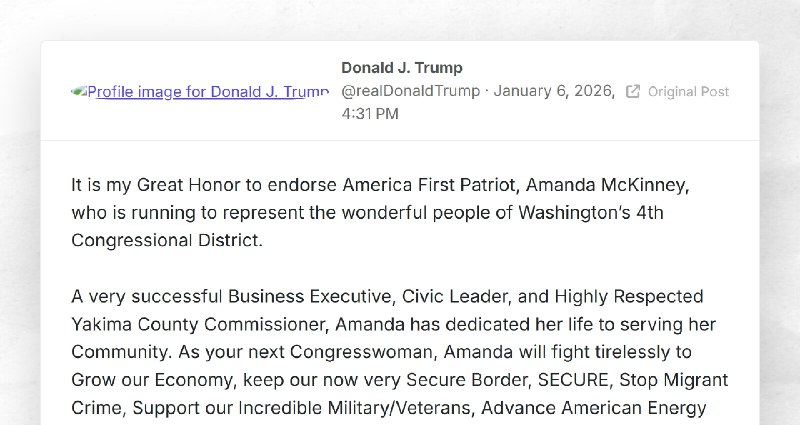 Donald J. Trump: "It is my Great Honor to endorse America First Patriot, Amanda McKinney, who ...