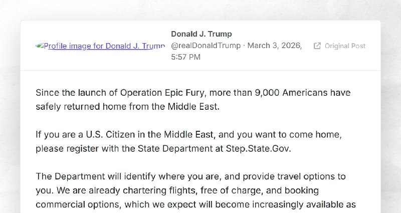Donald J. Trump: "Since the launch of Operation Epic Fury, more than 9,000 Americans have safe...