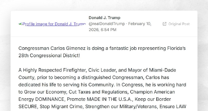 Donald J. Trump: "Congressman Carlos Gimenez is doing a fantastic job representing Florida’s 2...