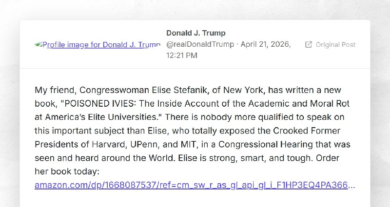Donald J. Trump: "My friend, Congresswoman Elise Stefanik, of New York, has written a new book...