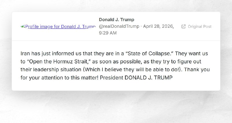 Donald J. Trump: "Iran has just informed us that they are in a “State of Collapse.” They want ...