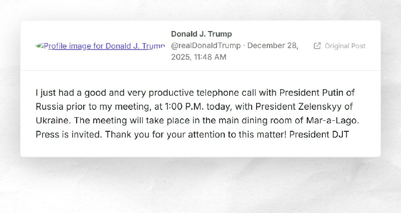 Donald J. Trump: "I just had a good and very productive telephone call with President Putin of...