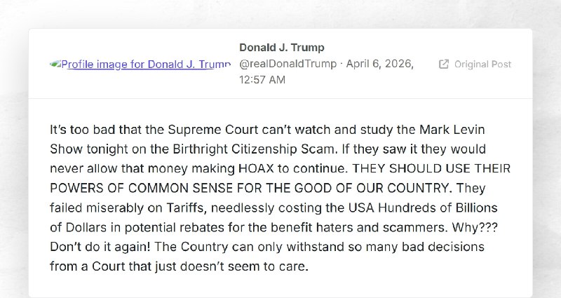 Donald J. Trump: "It’s too bad that the Supreme Court can’t watch and study the Mark Levin Sho...