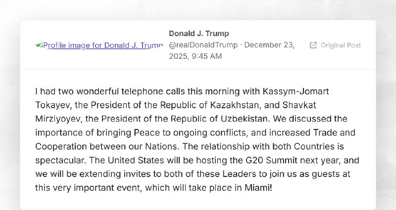 Donald J. Trump: "I had two wonderful telephone calls this morning with Kassym-Jomart Tokayev,...