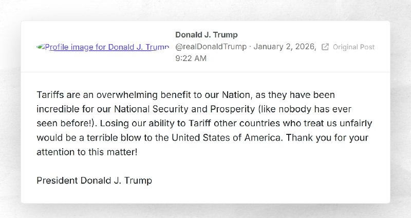Donald J. Trump: "Tariffs are an overwhelming benefit to our Nation, as they have been incredi...