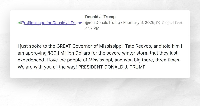 Donald J. Trump: "I just spoke to the GREAT Governor of Mississippi, Tate Reeves, and told him...