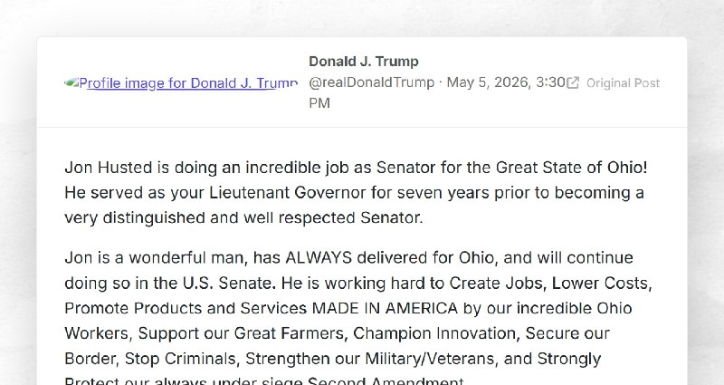Donald J. Trump: "Jon Husted is doing an incredible job as Senator for the Great State of Ohio...