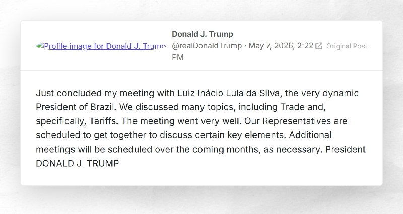 Donald J. Trump: "Just concluded my meeting with Luiz Inácio Lula da Silva, the very dynamic P...