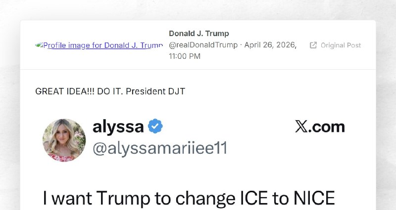 Donald J. Trump: "GREAT IDEA!!! DO IT.  President DJT"