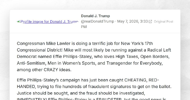Donald J. Trump: "Congressman Mike Lawler is doing a terrific job for New York’s 17th Congress...