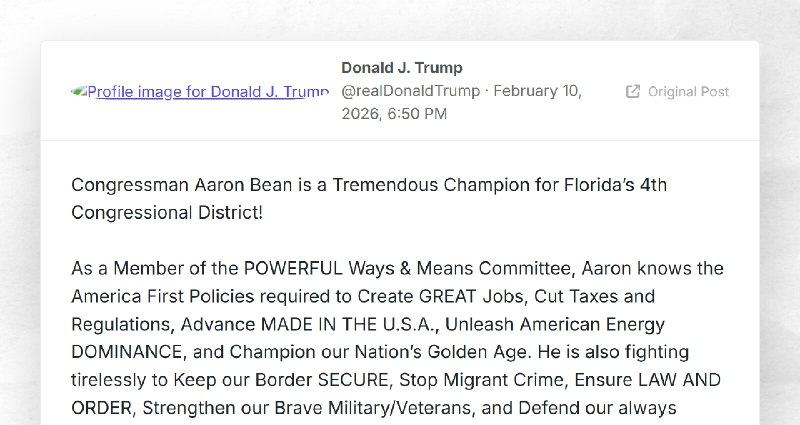 Donald J. Trump: "Congressman Aaron Bean is a Tremendous Champion for Florida’s 4th Congressio...