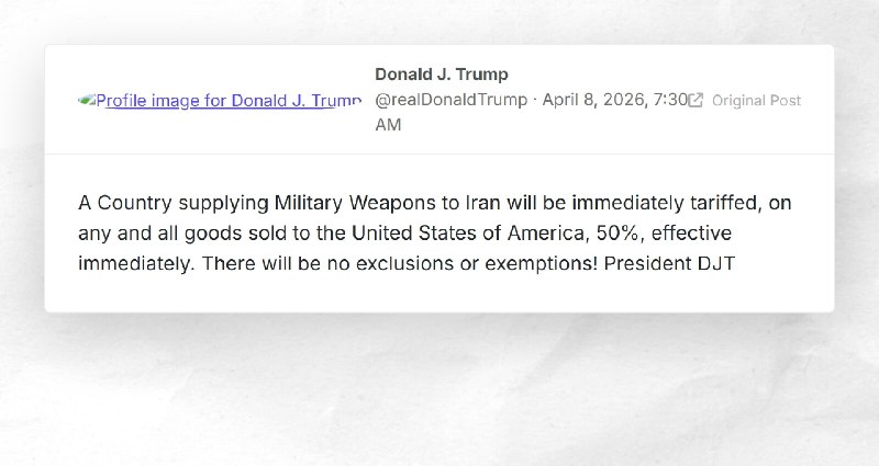 Donald J. Trump: "A Country supplying Military Weapons to Iran will be immediately tariffed, o...