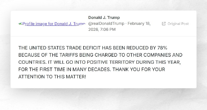 Donald J. Trump: "THE UNITED STATES TRADE DEFICIT HAS BEEN REDUCED BY 78% BECAUSE OF THE TARIF...