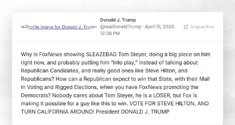 Donald J. Trump: "Why is FoxNews showing SLEAZEBAG Tom Steyer, doing a big piece on him right ...