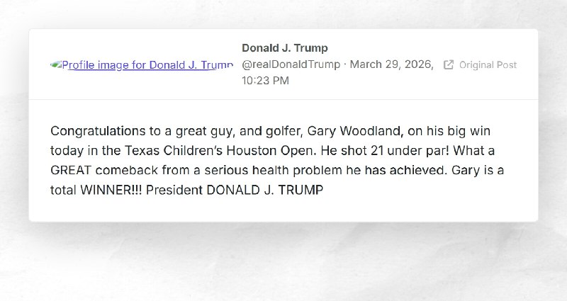 Donald J. Trump: "Congratulations to a great guy, and golfer, Gary Woodland, on his big win to...