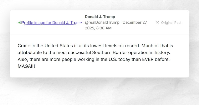 Donald J. Trump: "Crime in the United States is at its lowest levels on record. Much of that i...