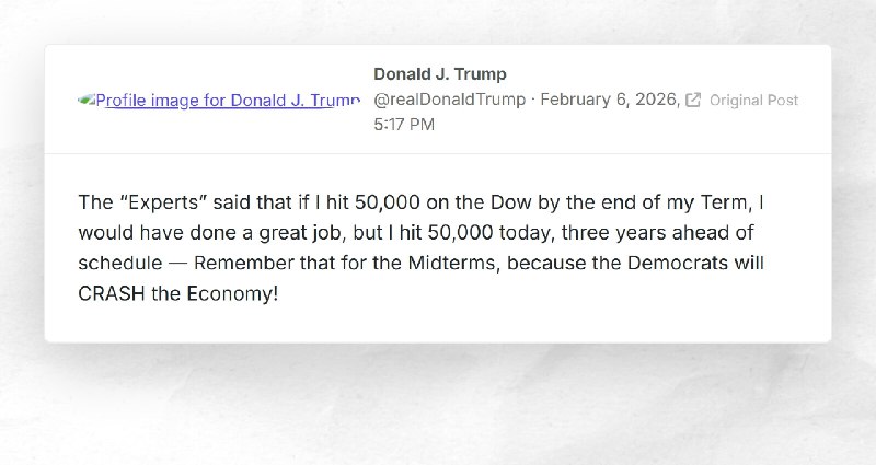Donald J. Trump: "The “Experts” said that if I hit 50,000 on the Dow by the end of my Term, I ...