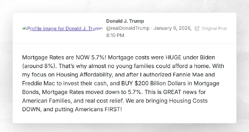 Donald J. Trump: "Mortgage Rates are NOW 5.7%! Mortgage costs were HUGE under Biden (around 8%...