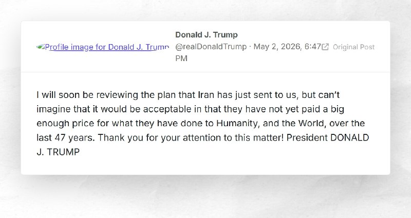 Donald J. Trump: "I will soon be reviewing the plan that Iran has just sent to us, but can’t i...
