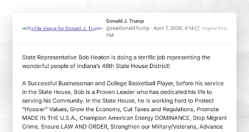 Donald J. Trump: "State Representative Bob Heaton is doing a terrific job representing the won...