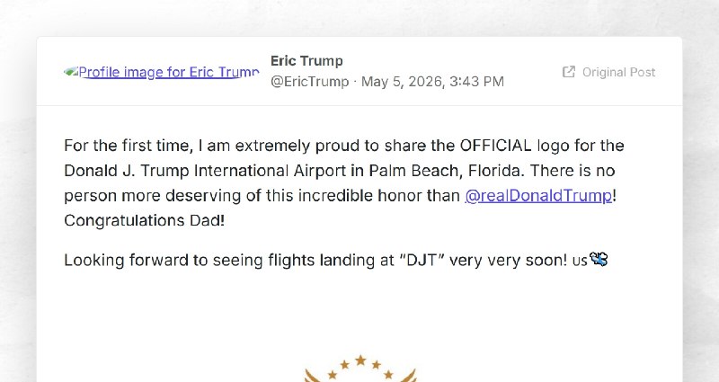 Eric Trump: "For the first time, I am extremely proud to share the OFFICIAL logo for the Donal...