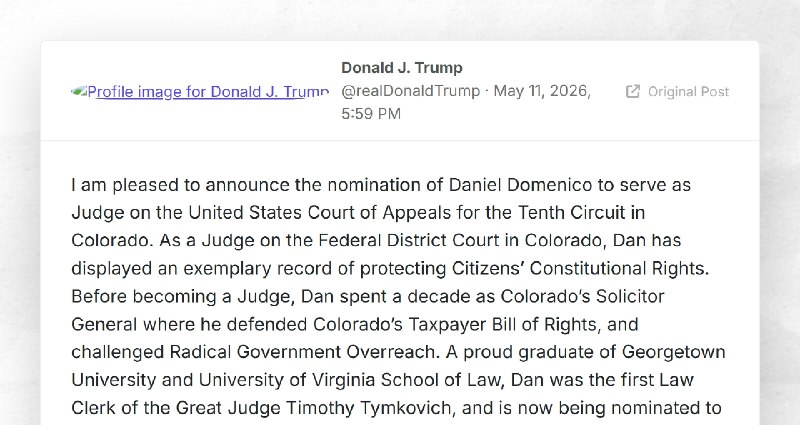 Donald J. Trump: "I am pleased to announce the nomination of Daniel Domenico to serve as Judge...