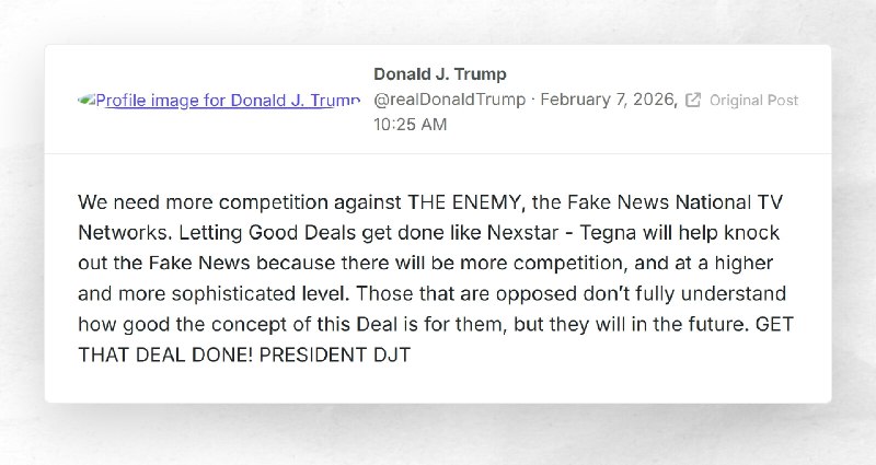 Donald J. Trump: "We need more competition against THE ENEMY, the Fake News National TV Networ...