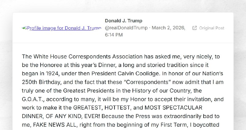 Donald J. Trump: "The White House Correspondents Association has asked me, very nicely, to be ...