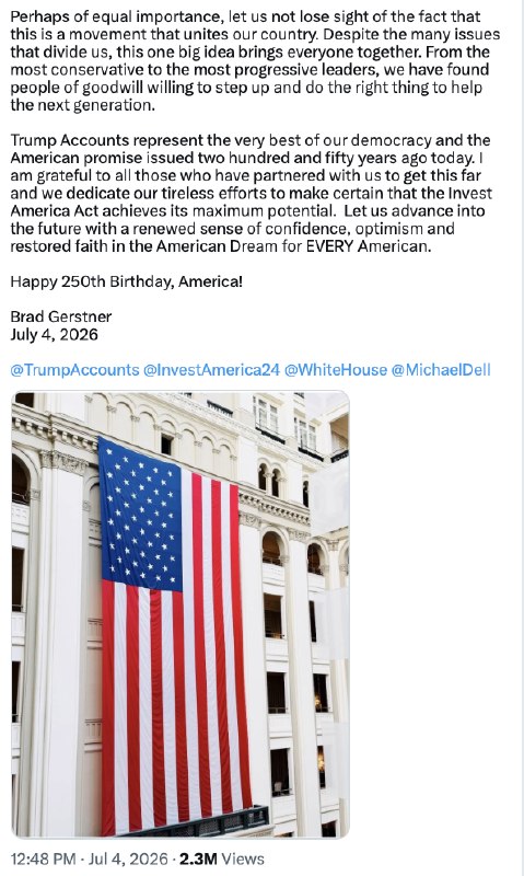 Thank you to the brilliant and highly respected Gwynne Shotwell, and her husband, Robert, for their extreme Generosity in helping children to attain the ever magnificent American Dream! Their Gift of 325 Million Dollars of SpaceX Stock is greatly appreciated by all. Thousands of children have just been given a better life. Thank you Gwynne and Robert, and continued Great Success! President DONALD J. TRUMP2026-07-09 01:39 UTCLinkThank you to the brilliant and highly respected Gwynne Shotwell, and her husband, Robert, for their extreme Generosity in helping children to attain the ever magnificent American Dream! Their Gift of 325 Million Dollars of SpaceX Stock is greatly appreciated by all. Thousands of children have just been given a better life. Thank you Gwynne and Robert, and continued Great Success! President DONALD J. TRUMP2026-07-09 01:39 UTCLink