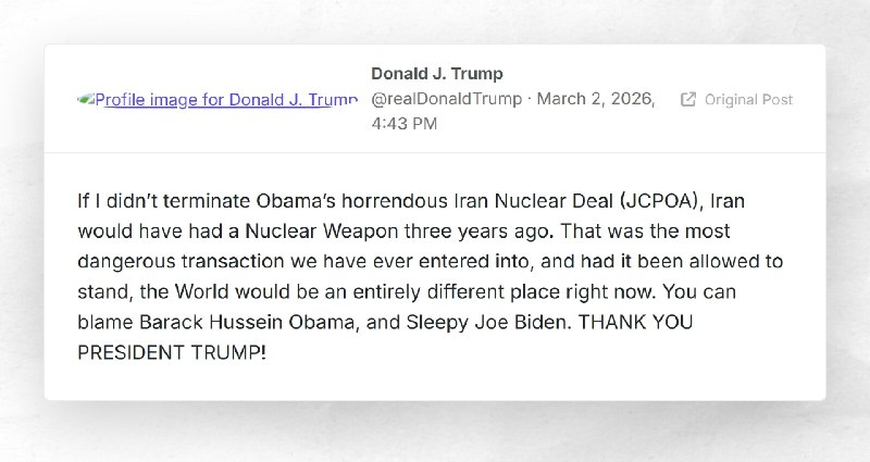 Donald J. Trump: "If I didn’t terminate Obama’s horrendous Iran Nuclear Deal (JCPOA), Iran wou...