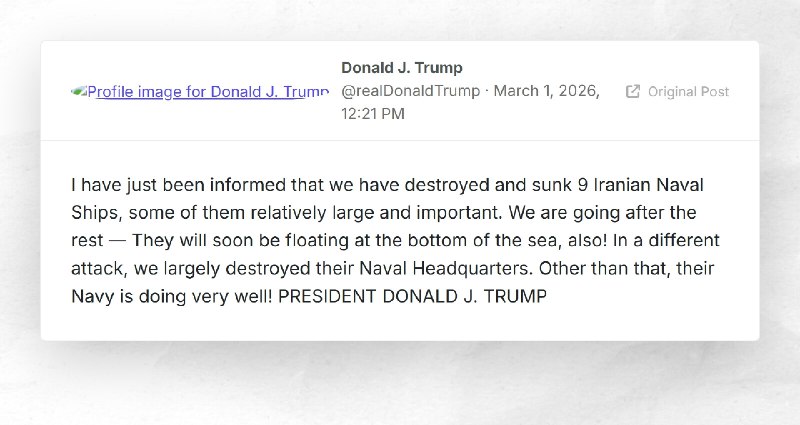 Donald J. Trump: "I have just been informed that we have destroyed and sunk 9 Iranian Naval Sh...