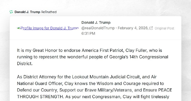 Donald J. Trump: "RT @realDonaldTrumpIt is my Great Honor to endorse America First Patriot, Cl...