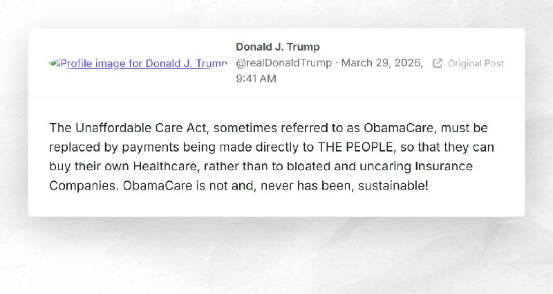 Donald J. Trump: "The Unaffordable Care Act, sometimes referred to as ObamaCare, must be repla...