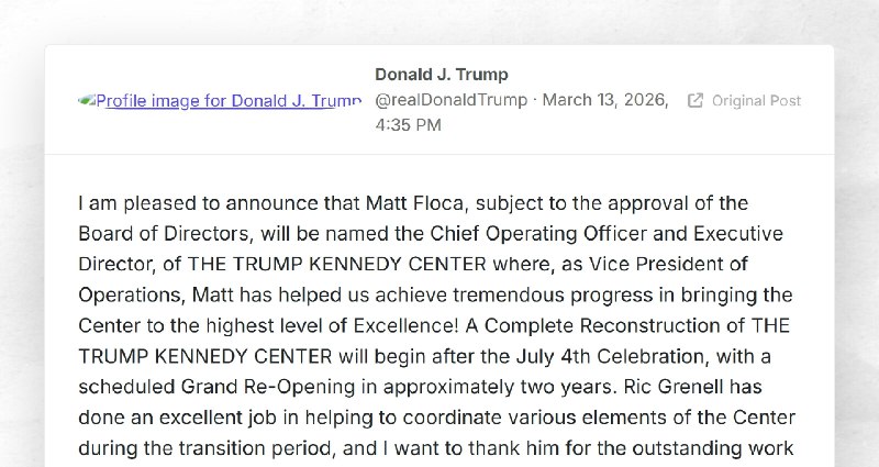 Donald J. Trump: "I am pleased to announce that Matt Floca, subject to the approval of the Boa...